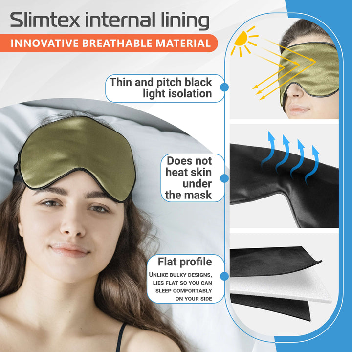 Slimtex silk sleep mask demonstrating breathable material and flat profile for enhanced comfort and light isolation.