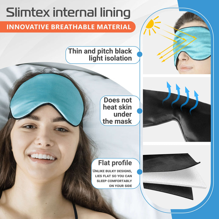 Slimtex silk sleep mask with breathable internal lining for light isolation and comfort, featuring flat profile design.