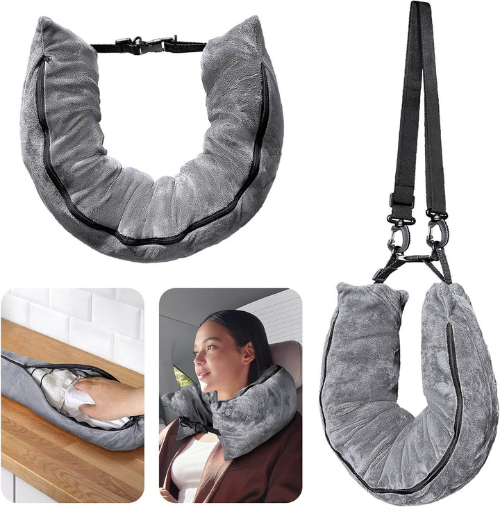 Langris Stuffable Travel Pillow in gray, designed for comfort and extra luggage space on trips.