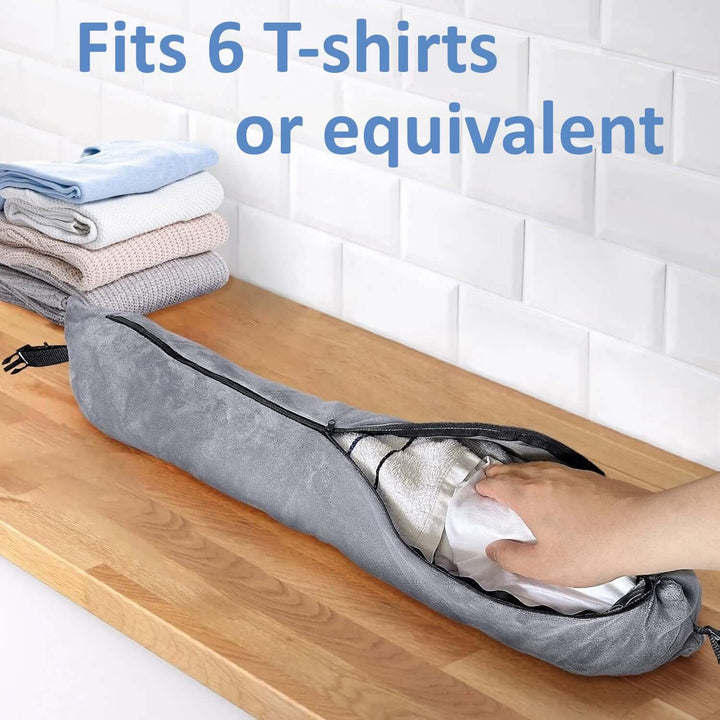Stuffable Travel Pillow fitting 6 T-shirts, showcasing extra storage for travel convenience.