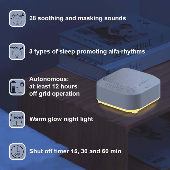 Three Sheep White Noise Sound Machine with 28 sounds, sleep-promoting rhythms, timer, and night light on bedside table.