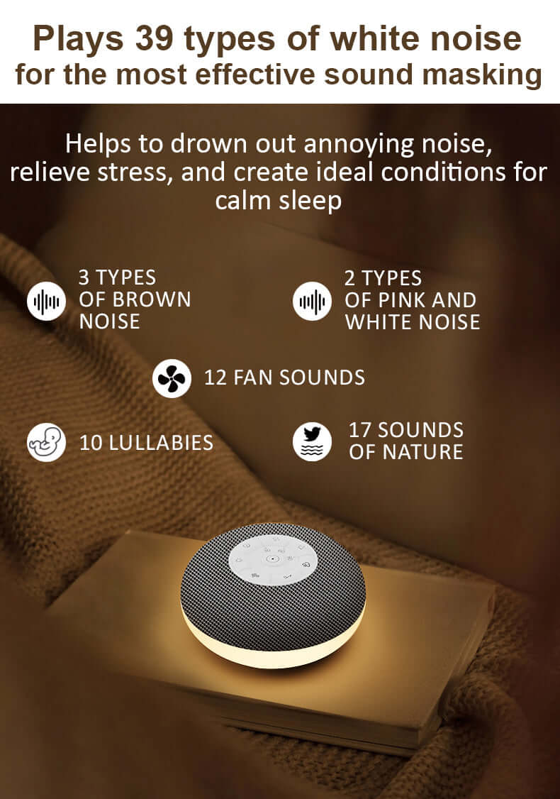 Tuodi white noise sound machine showcasing 39 soothing sounds for better sleep and relaxation.