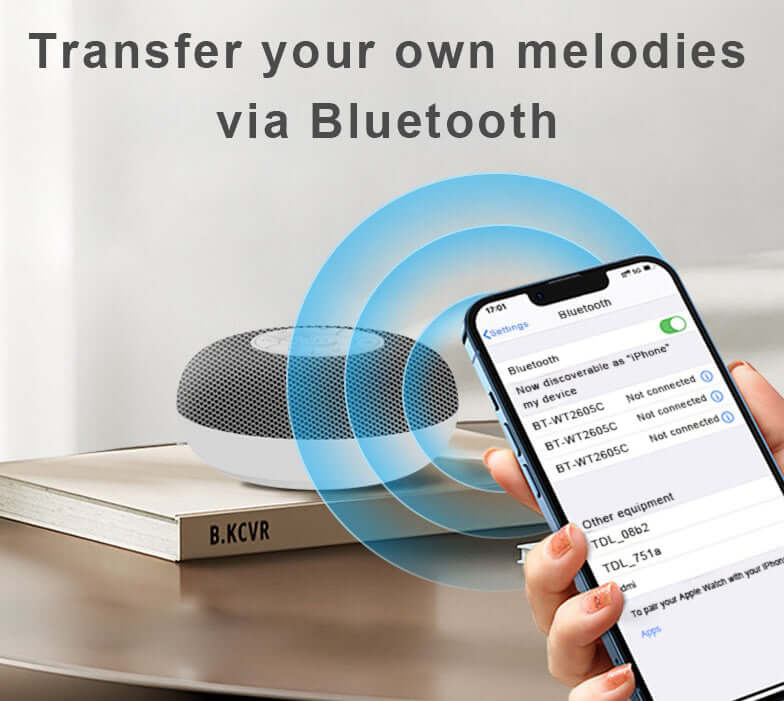 Tuodi white noise machine with Bluetooth connectivity for streaming personalized sounds.