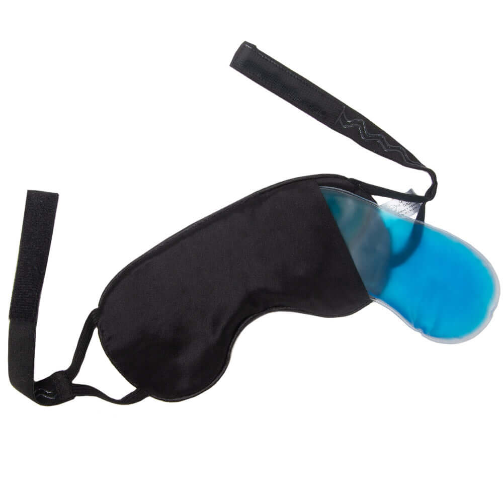 Quietstore silk sleep mask with gel bag, non-slip strap, hypoallergenic, enhancing REM sleep.