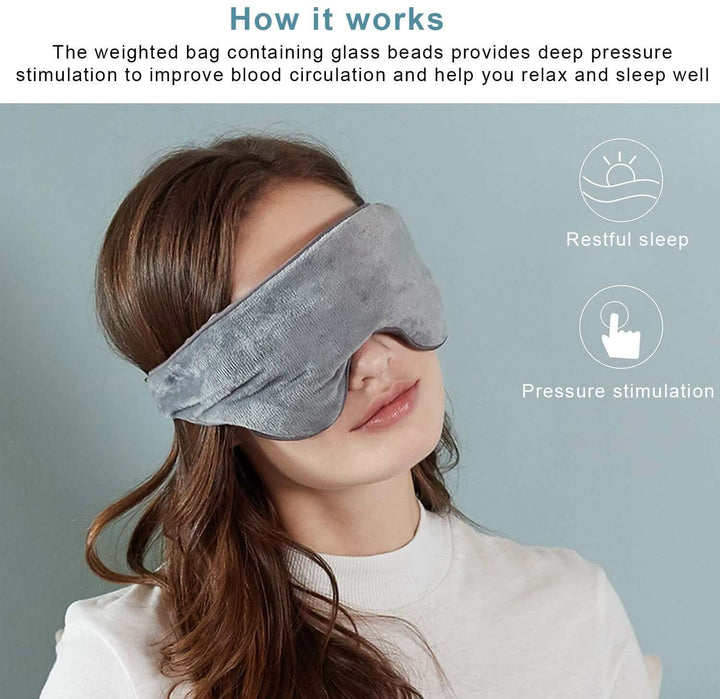 Woman wearing a weighted sleep mask with glass beads, promoting relaxation and better sleep quality.