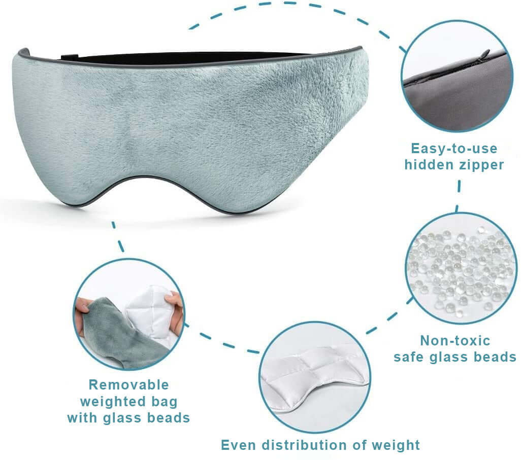 Weighted sleep mask with removable glass beads, hidden zipper, and even weight distribution for enhanced relaxation.