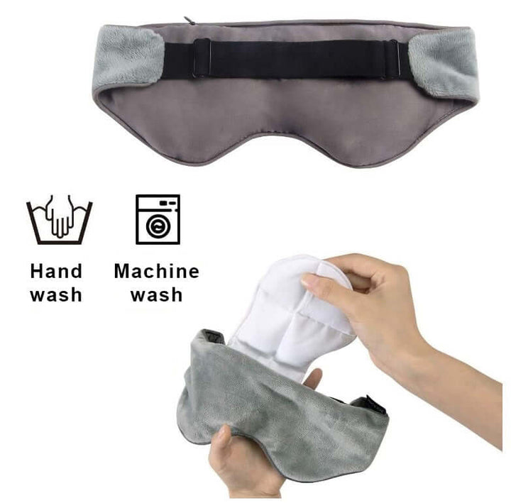 Weighted sleep mask featuring an adjustable strap, hand wash, and machine wash instructions.