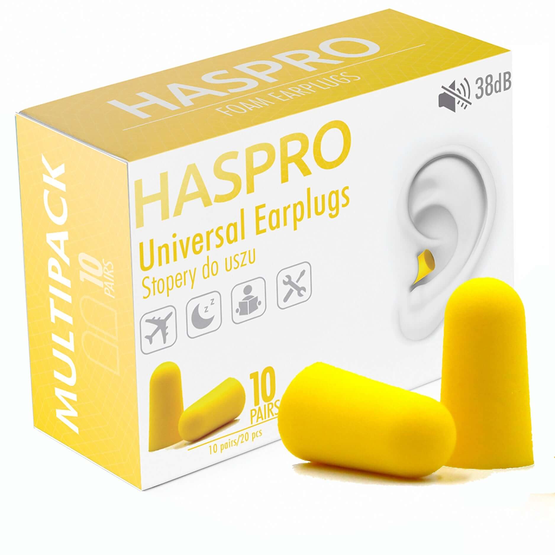 HASPRO foam earplugs packaging, includes 10 pairs of yellow earplugs with 38 dB noise reduction, suitable for all users.