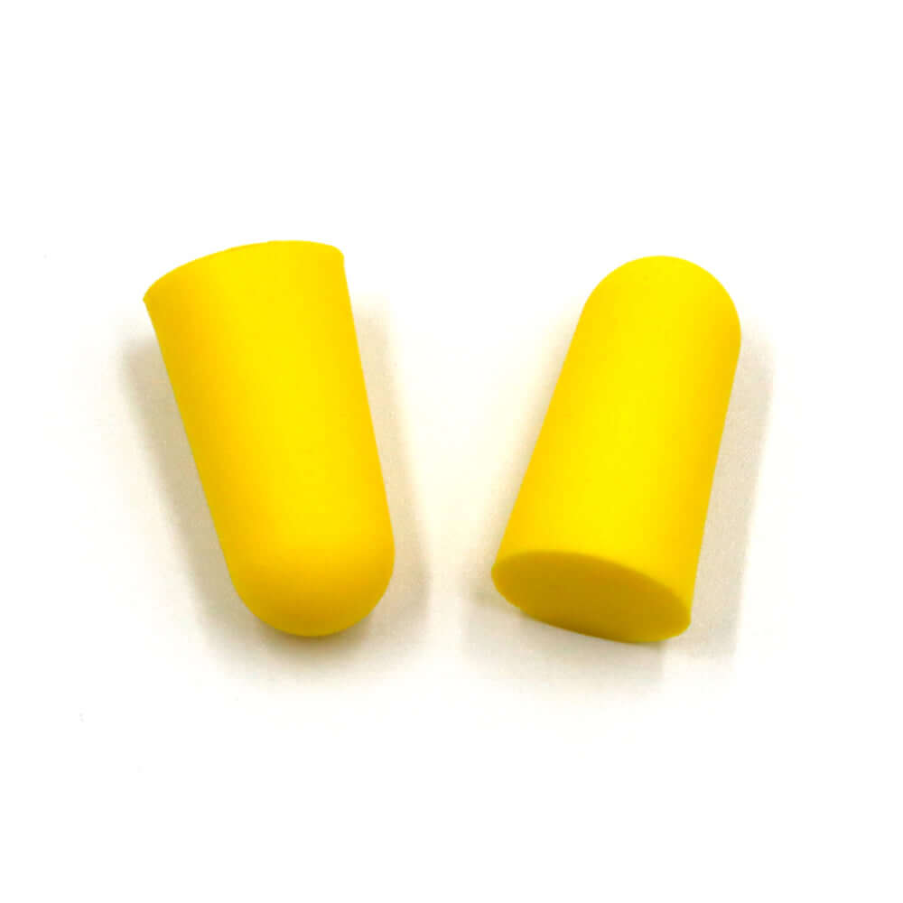 Two pairs of bright yellow foam earplugs designed for high noise reduction and comfort.