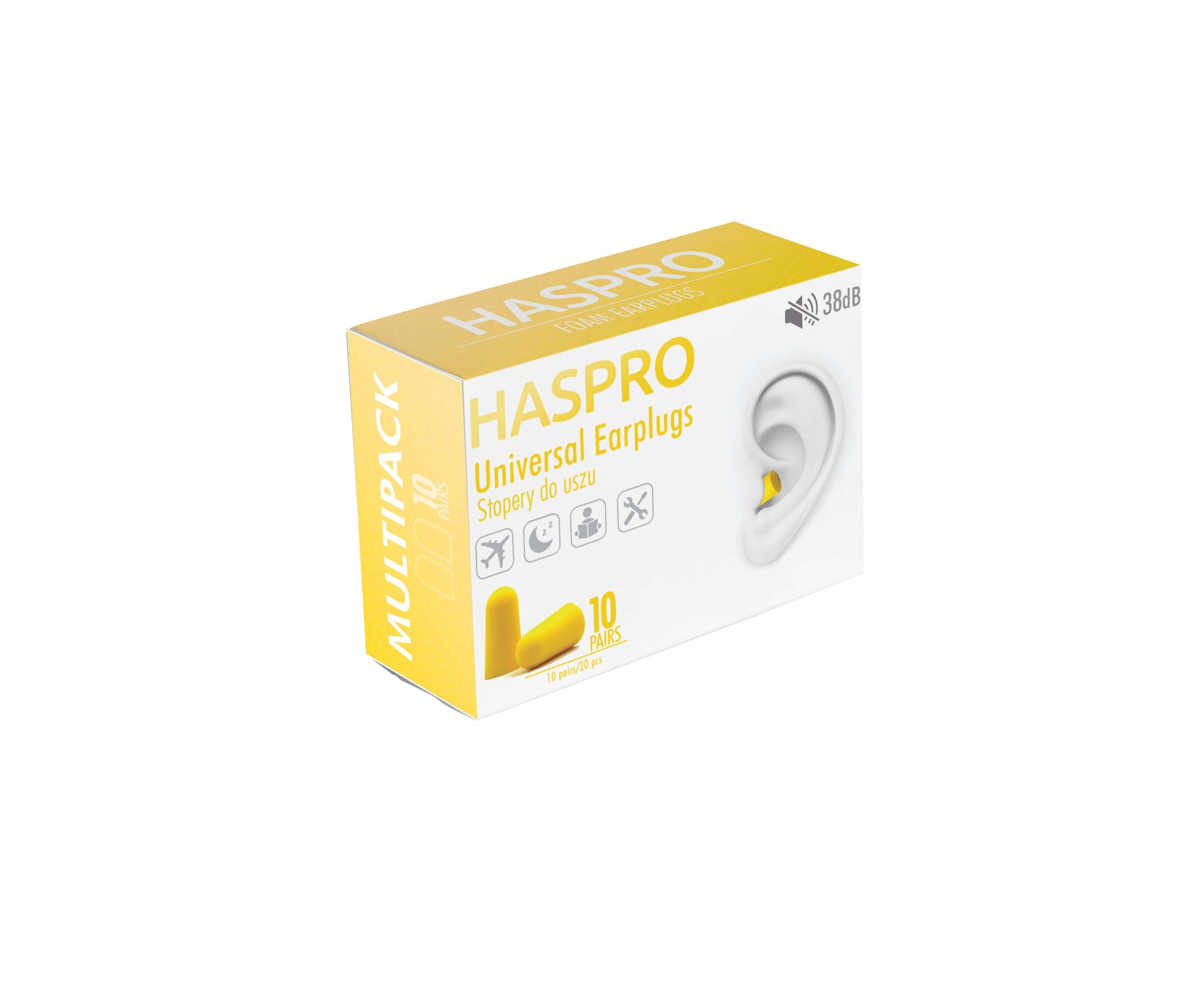 HASPRO foam earplugs multipack with 10 pairs, 38 dB noise reduction, soft and comfortable design.
