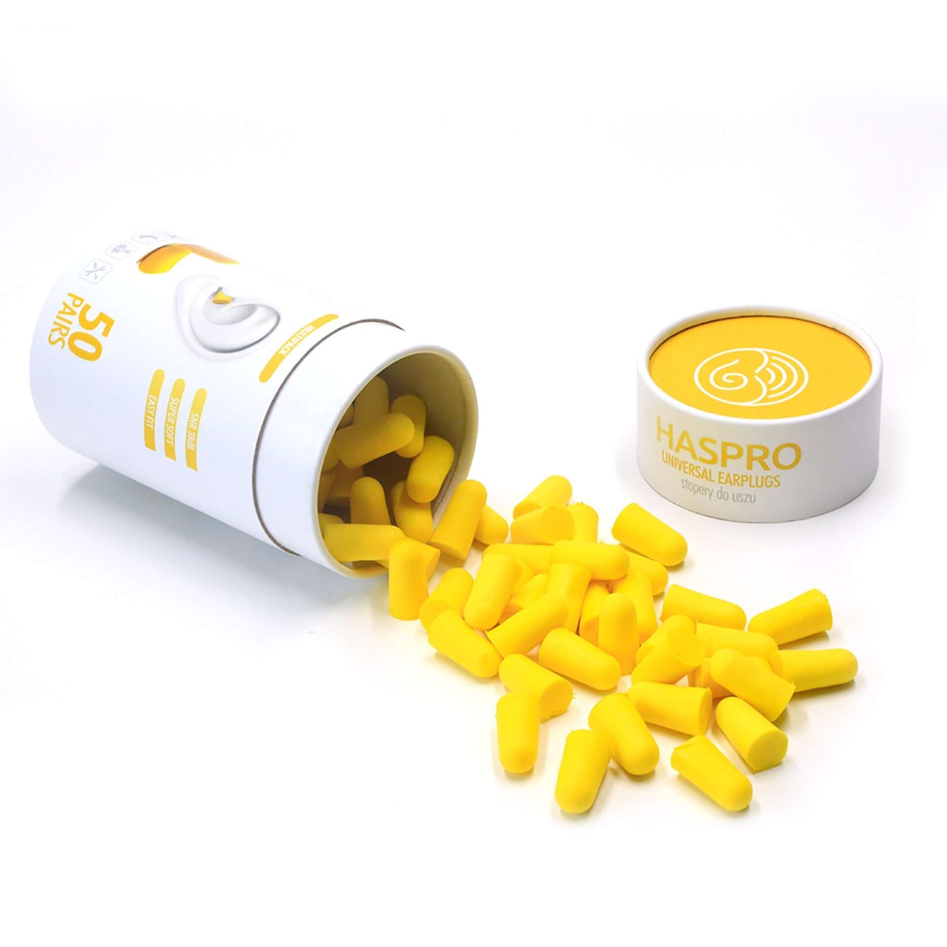 HASPRO yellow foam earplugs spilling from a canister, featuring 50 pairs for high noise reduction and comfort.