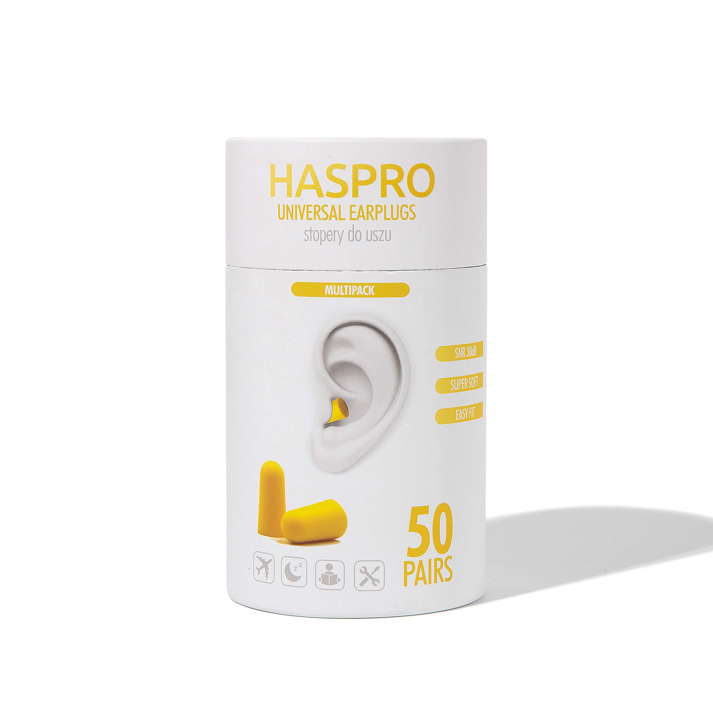HASPRO Universal Earplugs packaging featuring soft foam earplugs for high noise reduction, 50 pairs in a compact case.