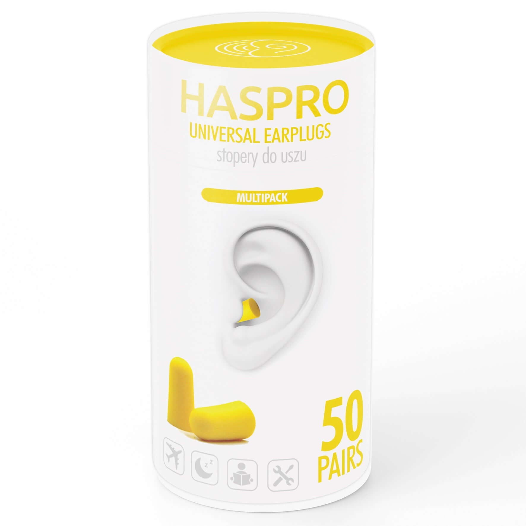 HASPRO foam earplugs multipack with 50 pairs, in a yellow container designed for high noise reduction and comfort.
