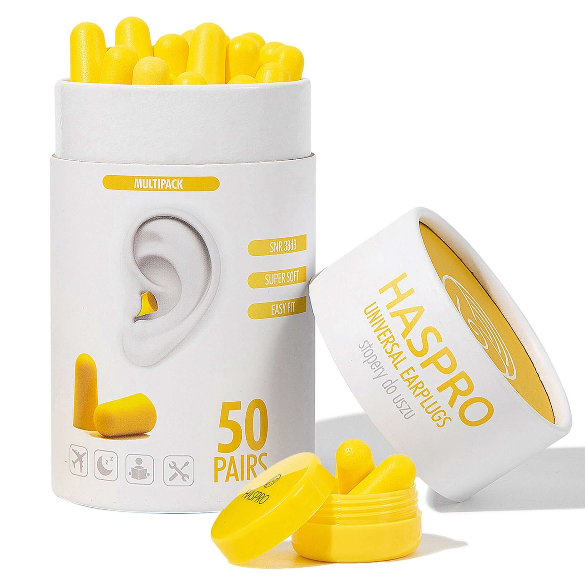 HASPRO yellow foam earplugs in a multipack container, featuring 50 pairs with 38 dB noise reduction for ultimate comfort.