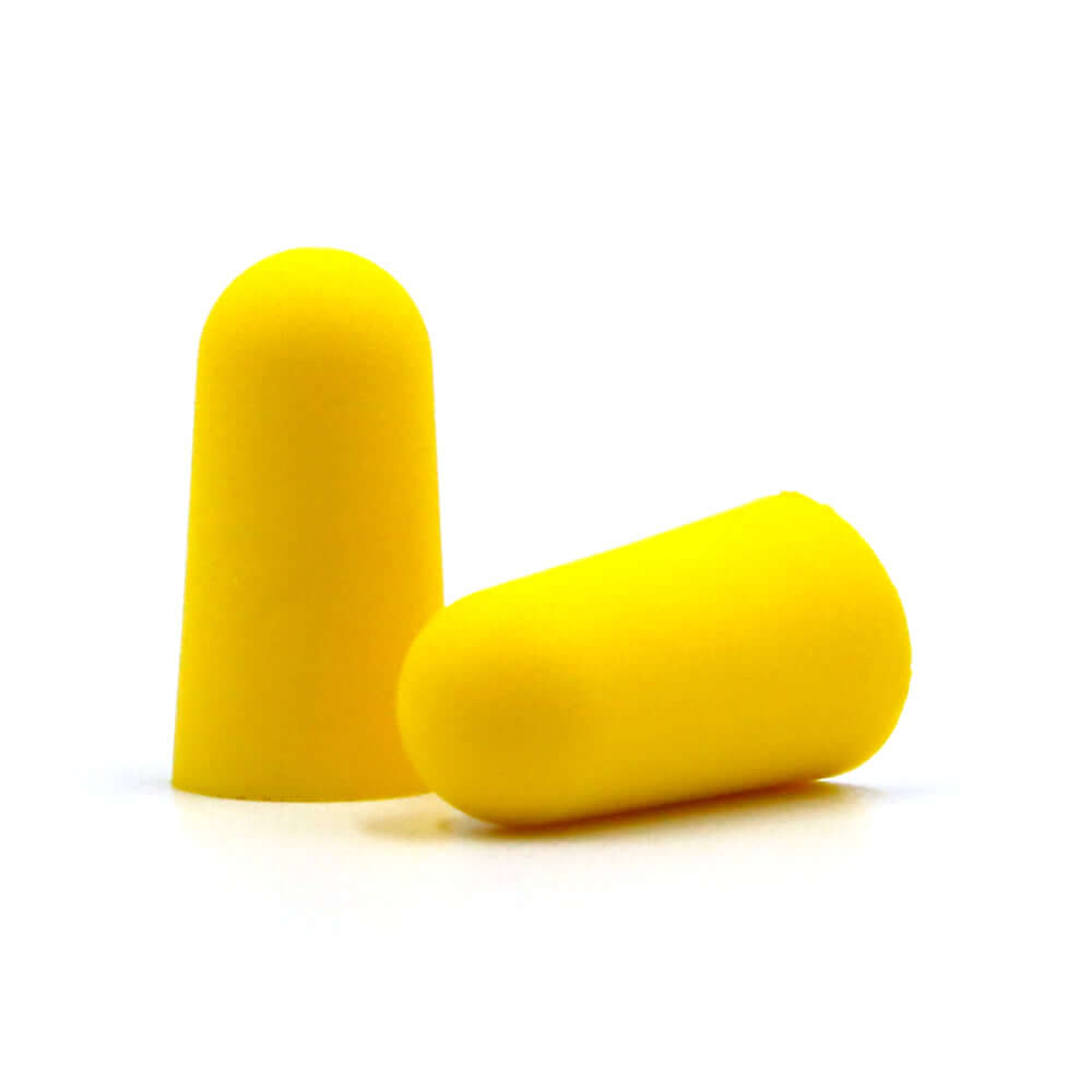 Yellow foam earplugs for noise reduction; ideal for comfortable use and family protection.