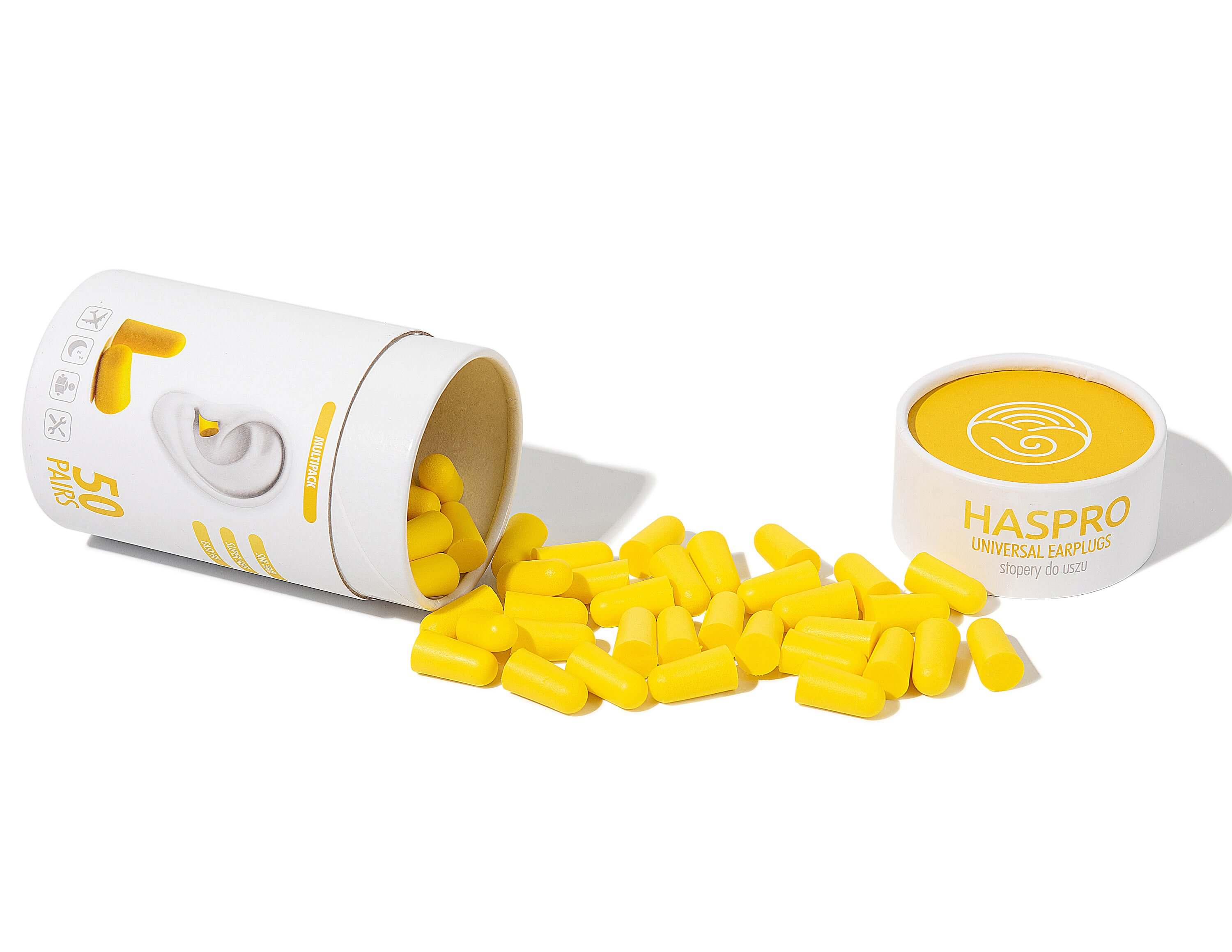 HASPRO Foam sleeping earplugs in yellow, 50 pairs, packed in a sleek case for noise reduction, displayed with earplugs spilled out.