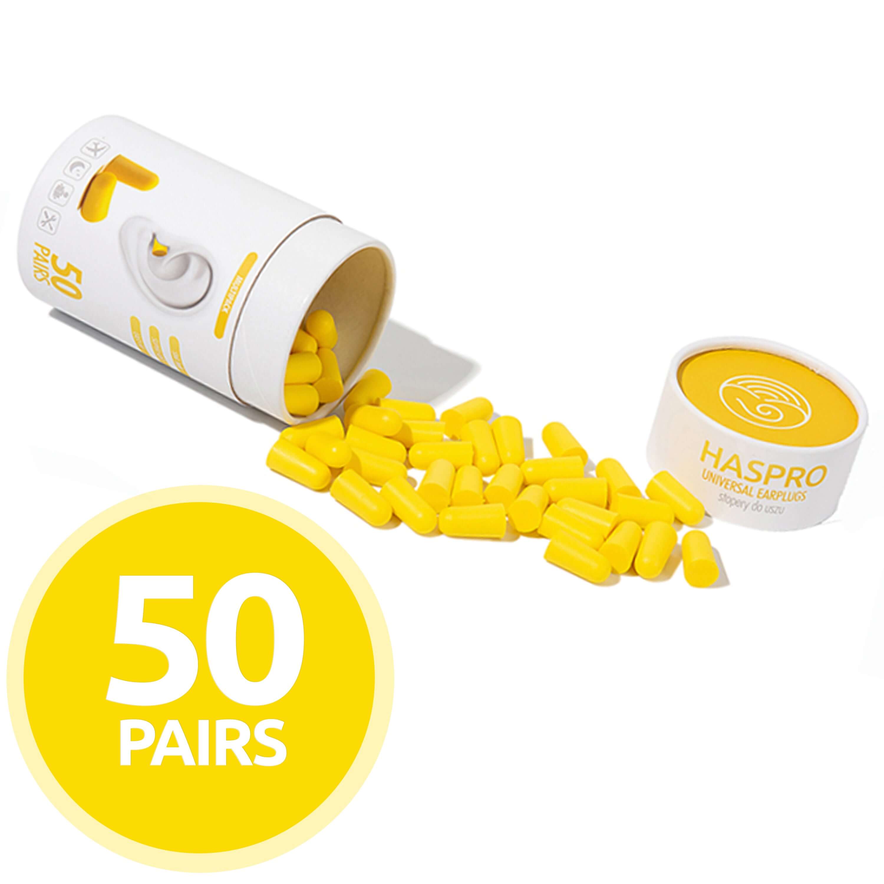 HASPRO Foam earplugs in yellow, spilling from a container with 50 pairs for high noise reduction and comfort.