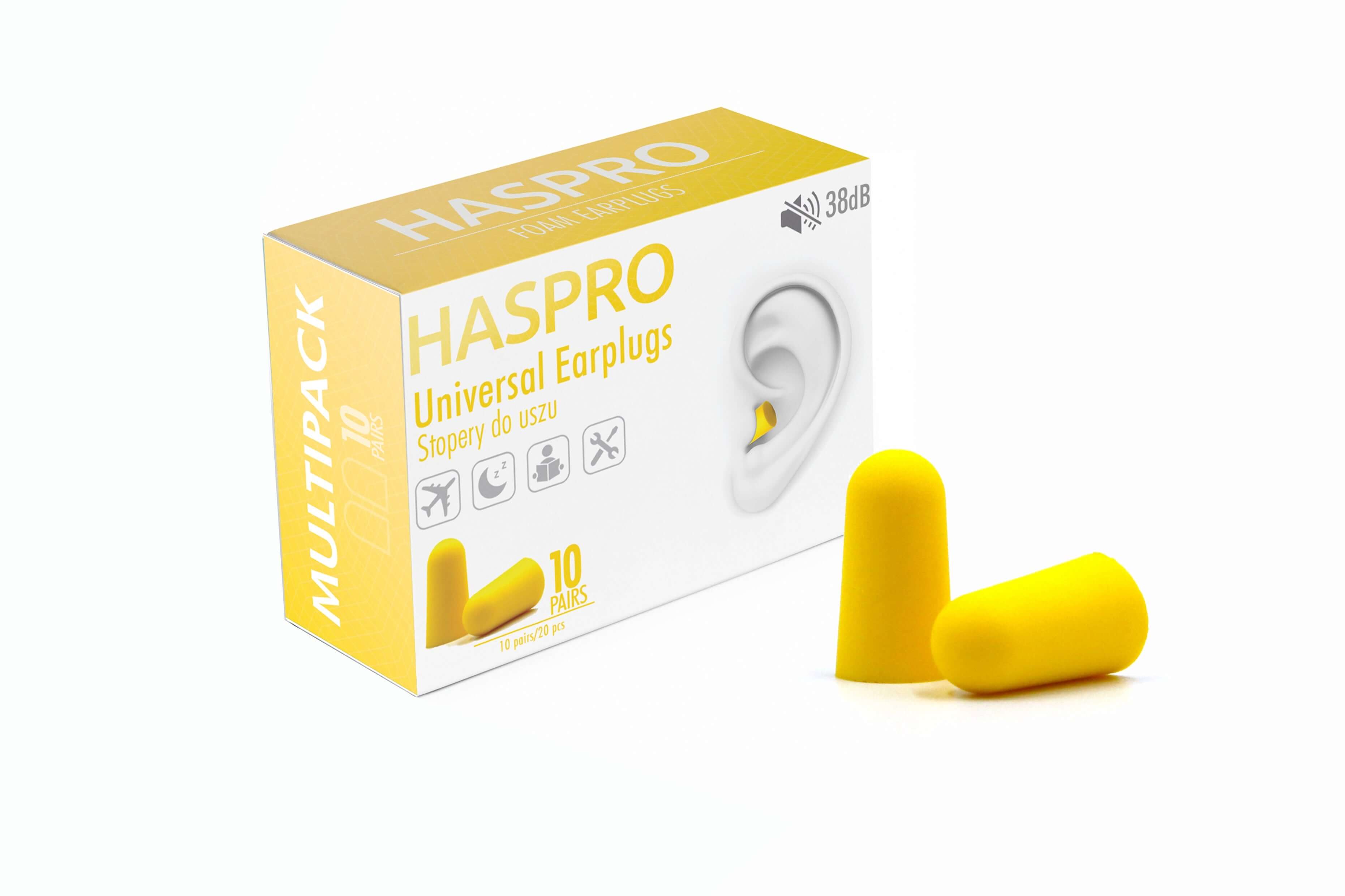 HASPRO universal earplugs in yellow packaging with two yellow earplugs; high noise reduction level of 38 dB, pack of 10 pairs.