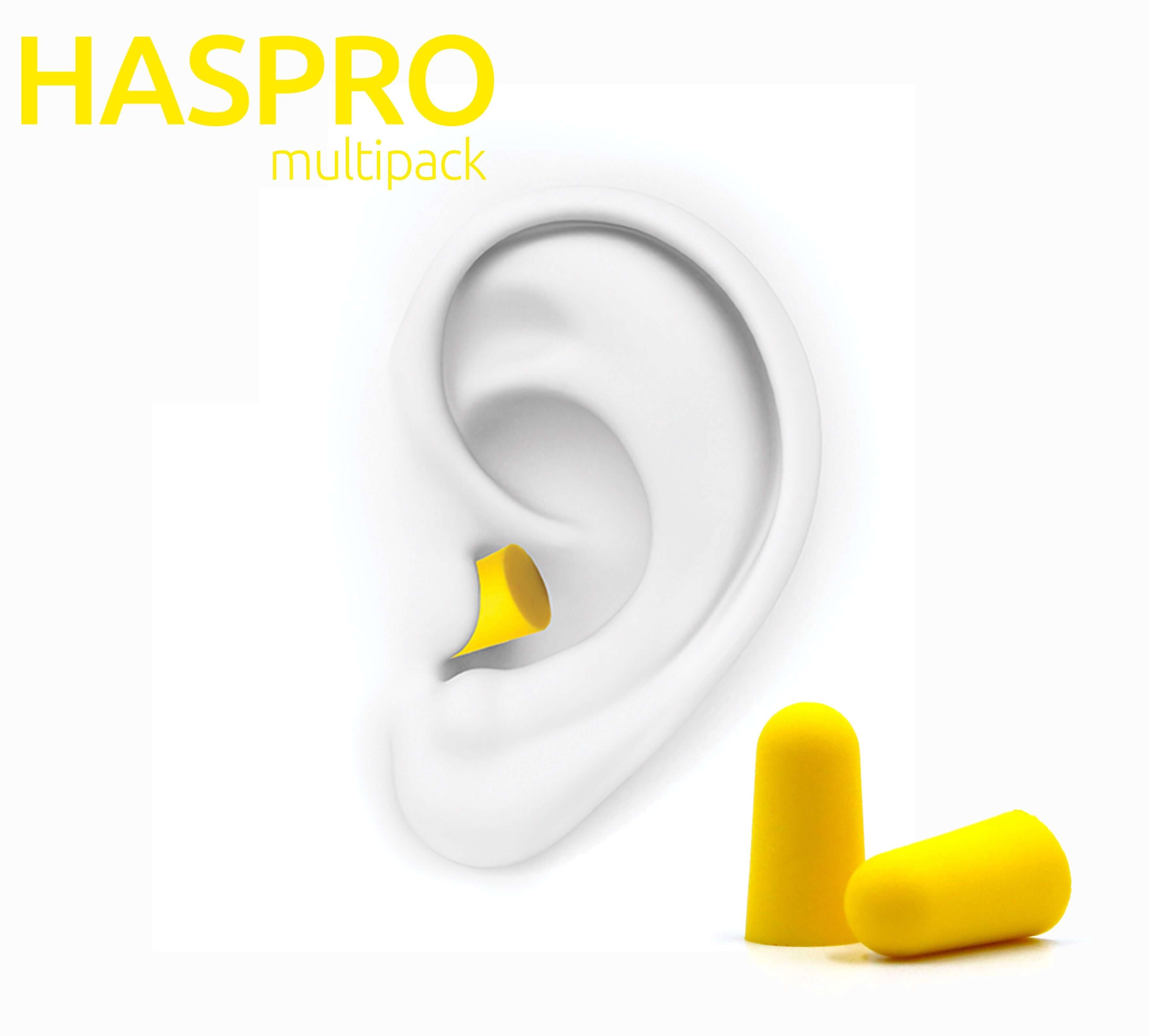 HASPRO multipack of yellow foam earplugs designed for comfort and high noise reduction in small ear canals.