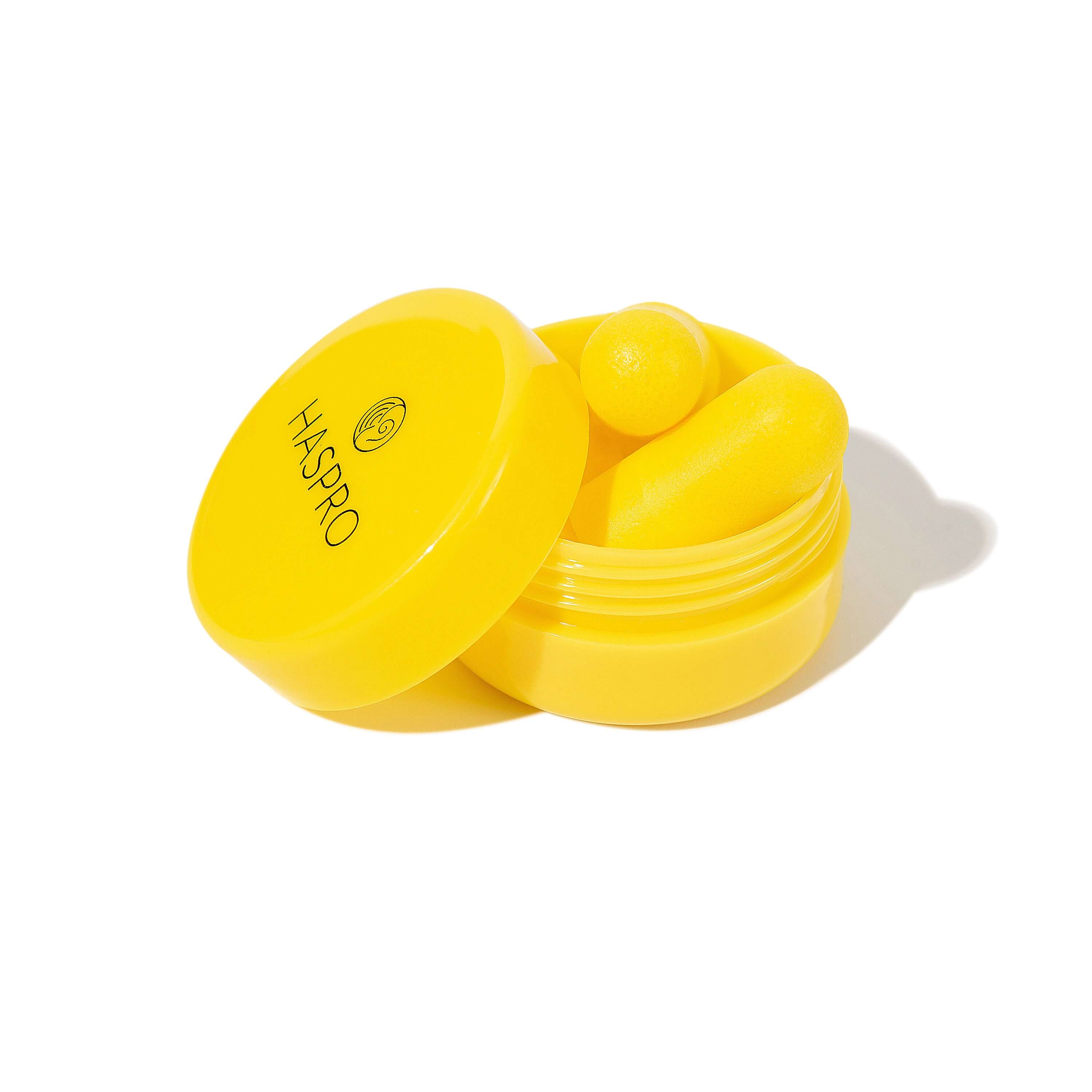 Yellow HASPRO earplug case with foam earplugs for high noise reduction comfort.