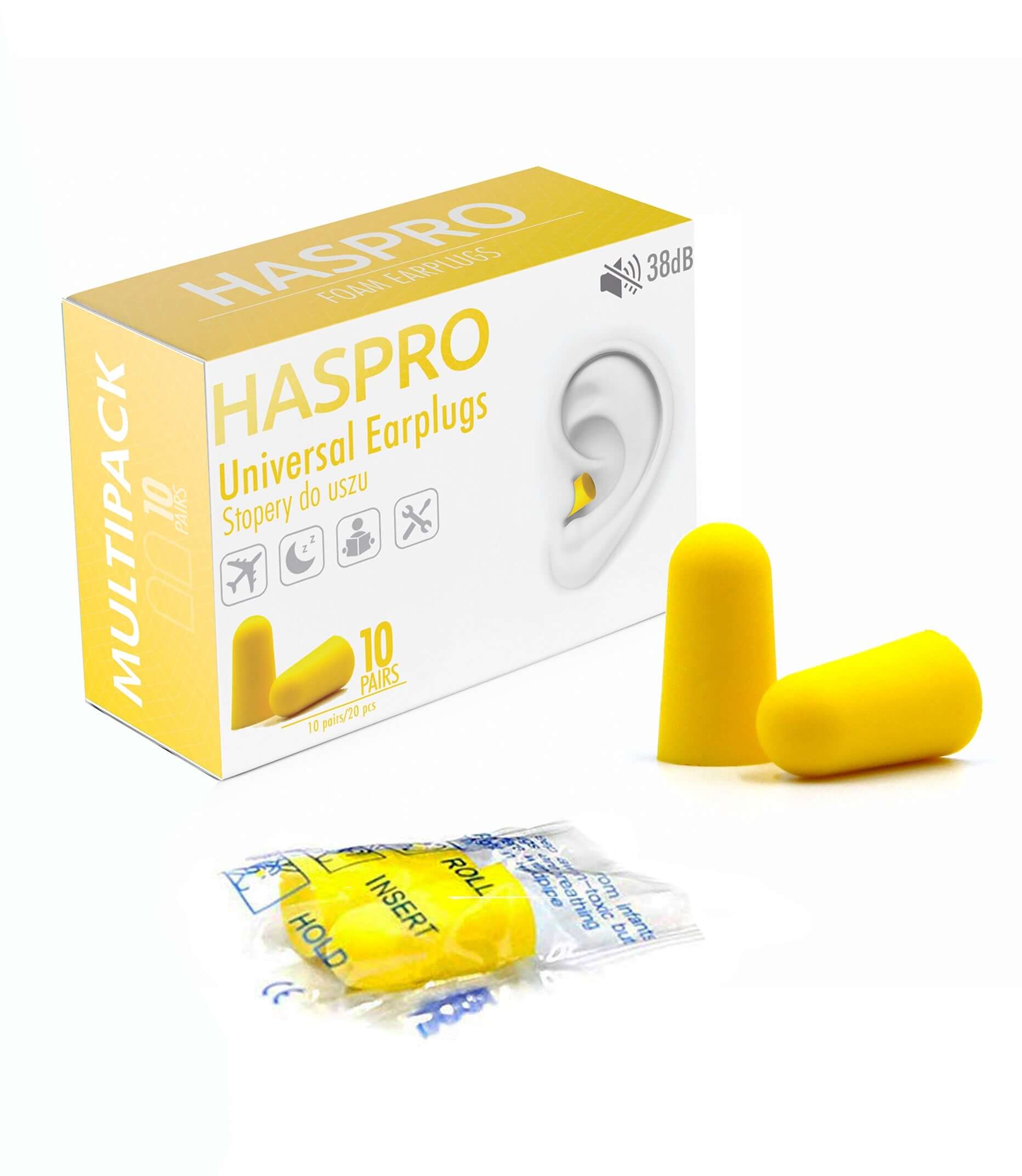 HASPRO Multi10 yellow foam earplugs with 38 dB noise reduction, includes 10 pairs in hygienic packaging.
