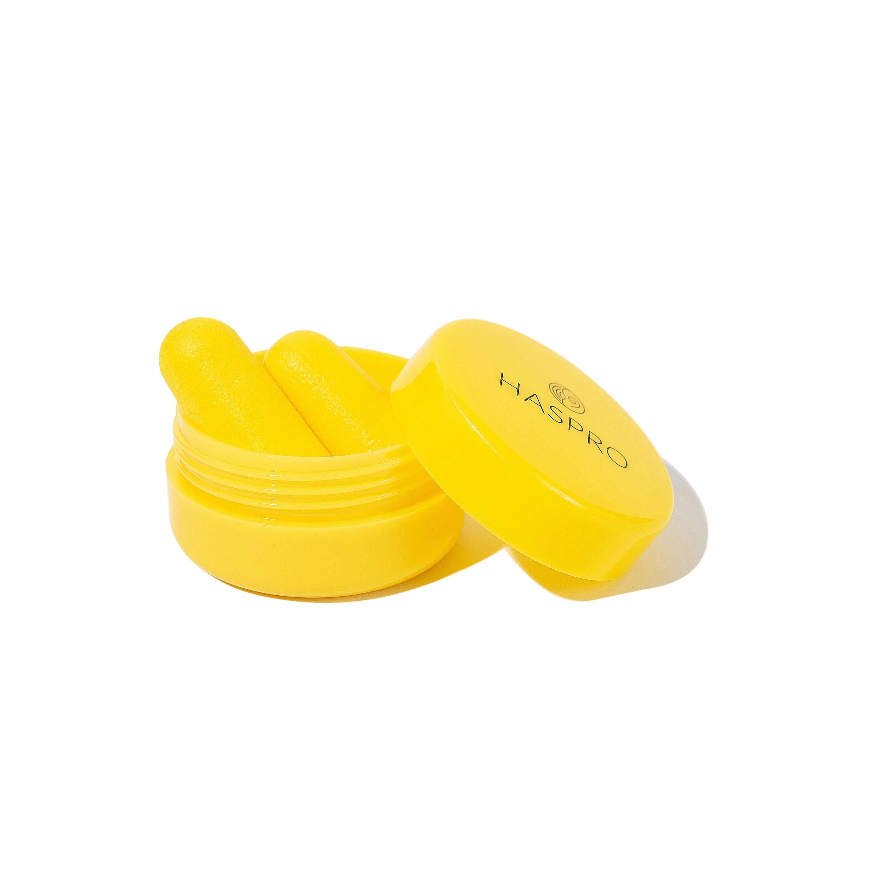 HASPRO yellow foam earplugs in a pocket-sized plastic case for noise reduction and comfort.