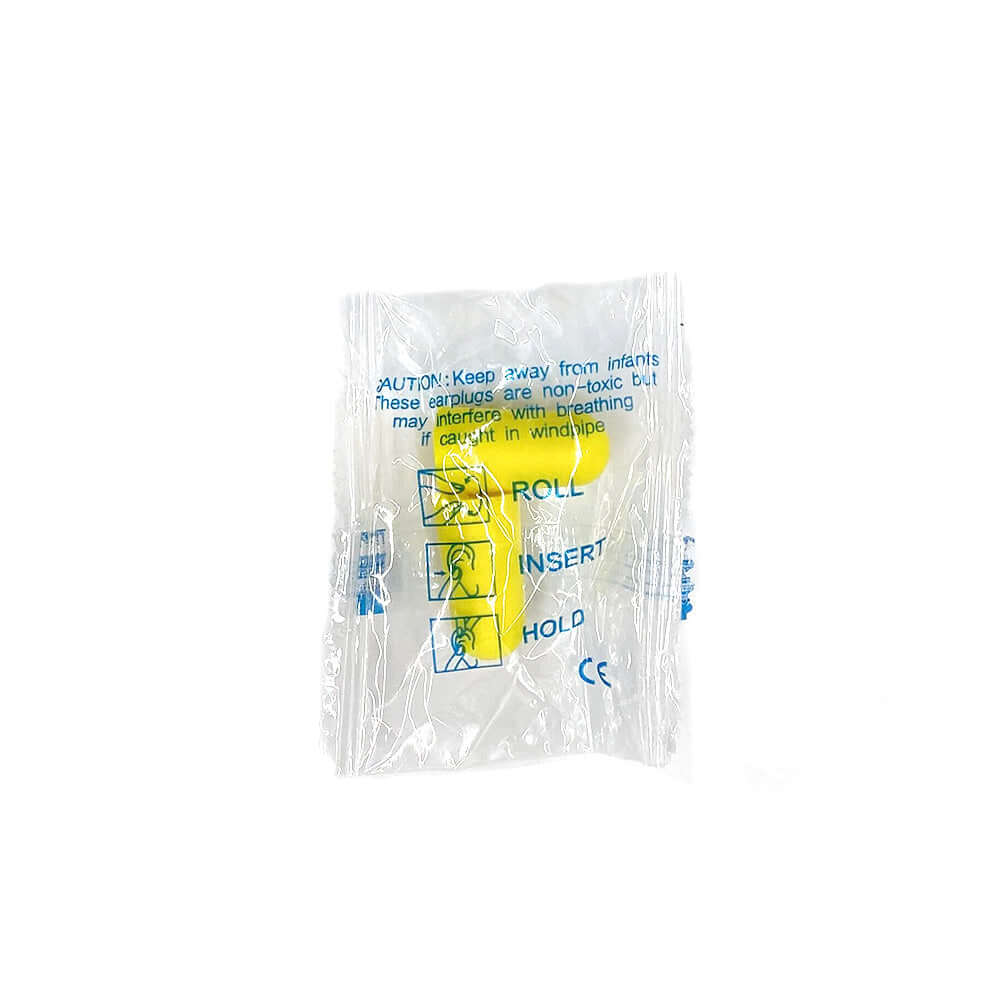 Individually packaged yellow foam earplug, designed for high noise reduction and comfort.